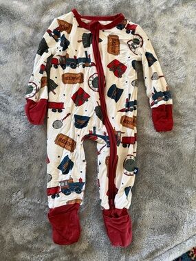 Red-Trim Train & Gift Print Footed One-Piece